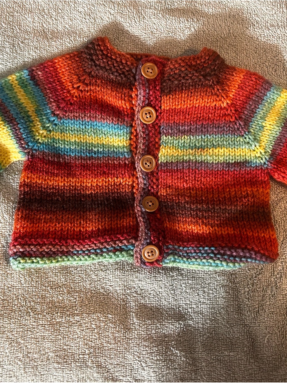 Hand Crafted Multicolor Striped Baby Cardigan - Red Orange Yellow Green Blue